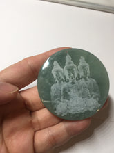 Load image into Gallery viewer, 52.5mm 100% natural blue/gray with fly snow Guatemala  jadeite jade Guanyin (观音) safe and sound pendant/worry stone/decor AA25
