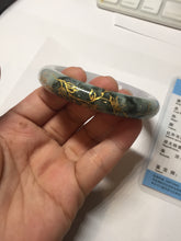 Load image into Gallery viewer, 54.9mm 100% Natural type A dark green purple white carved flowers and golden-painted Jadeite Jade banglePD96-0265
