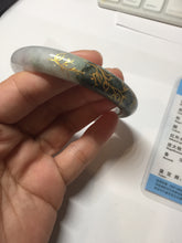 Load image into Gallery viewer, 54.9mm 100% Natural type A dark green purple white carved flowers and golden-painted Jadeite Jade banglePD96-0265
