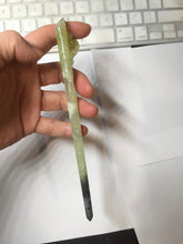 Load image into Gallery viewer, 17.5 cm 100% Natural Light Green &amp; Black Bamboo-Style Xiu Jade (Serpentine) Hairpin with Safety Donut Hanging Ornament AW40
