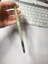 Load image into Gallery viewer, 17.5 cm 100% Natural Light Green &amp; Black Bamboo-Style Xiu Jade (Serpentine) Hairpin with Safety Donut Hanging Ornament AW40
