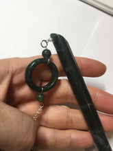 Load image into Gallery viewer, 20.5 cm 100% Natural Dark Green blue Black Xiu Jade (Serpentine) Hairpin with Safety ring Hanging Ornament AW41
