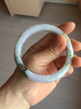 Load image into Gallery viewer, 58mm certified 100% Natural type A sunny green dark green purple carved branches and flowers and golden-painted Jadeite Jade bangle PH185-5926
