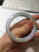 Load image into Gallery viewer, 53.5mm certified 100% Natural type A icy watery light green purple carved branches and flowers and golden-painted Jadeite Jade bangle PH196-5248
