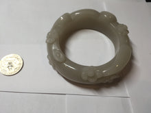 Load image into Gallery viewer, 59.5mm 100% natural white Pale sage gray Quartzite (Shetaicui jade) 3D carved cat ears/flowers/ingot bangle XY125
