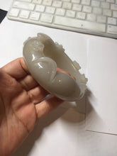 Load image into Gallery viewer, 59.5mm 100% natural white Pale sage gray Quartzite (Shetaicui jade) 3D carved cat ears/flowers/ingot bangle XY125
