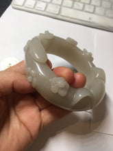 Load image into Gallery viewer, 59.5mm 100% natural white Pale sage gray Quartzite (Shetaicui jade) 3D carved cat ears/flowers/ingot bangle XY125
