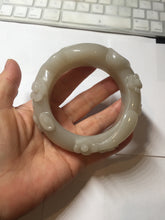 Load image into Gallery viewer, 59.5mm 100% natural white Pale sage gray Quartzite (Shetaicui jade) 3D carved cat ears/flowers/ingot bangle XY125
