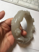 Load image into Gallery viewer, 59.5mm 100% natural white Pale sage gray Quartzite (Shetaicui jade) 3D carved cat ears/flowers/ingot bangle XY125
