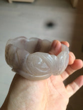 Load image into Gallery viewer, 54.6mm 100% natural light Pink/black/purple fish and lotus pods(年年有余) Quartzite (Shetaicui jade) 3D carved Bow knot bangle SY10
