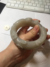 Load image into Gallery viewer, 59.5mm 100% natural white Pale sage gray Quartzite (Shetaicui jade) 3D carved cat ears/flowers/ingot bangle XY125
