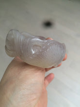 Load image into Gallery viewer, 54.6mm 100% natural light Pink/black/purple fish and lotus pods(年年有余) Quartzite (Shetaicui jade) 3D carved Bow knot bangle SY10
