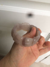 Load image into Gallery viewer, 54.6mm 100% natural light Pink/black/purple fish and lotus pods(年年有余) Quartzite (Shetaicui jade) 3D carved Bow knot bangle SY10
