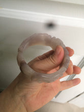 Load image into Gallery viewer, 54.6mm 100% natural light Pink/black/purple fish and lotus pods(年年有余) Quartzite (Shetaicui jade) 3D carved Bow knot bangle SY10
