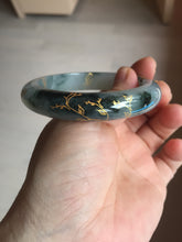 Load image into Gallery viewer, 54mm 100% Natural type A icy watery dark green with floating flowers and carved and golden-painted Jadeite Jade bangle PA172-8572
