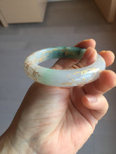 Load image into Gallery viewer, 53.2mm 100% Natural type A sunny green purple carved flowers golden-painted Jadeite Jade bangle PE42
