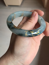 Load image into Gallery viewer, 54mm 100% Natural type A icy watery dark green with floating flowers and carved and golden-painted Jadeite Jade bangle PA172-8572
