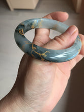 Load image into Gallery viewer, 54mm 100% Natural type A icy watery dark green with floating flowers and carved and golden-painted Jadeite Jade bangle PA172-8572
