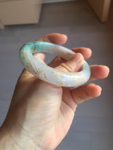 Load image into Gallery viewer, 53.2mm 100% Natural type A sunny green purple carved flowers golden-painted Jadeite Jade bangle PE42
