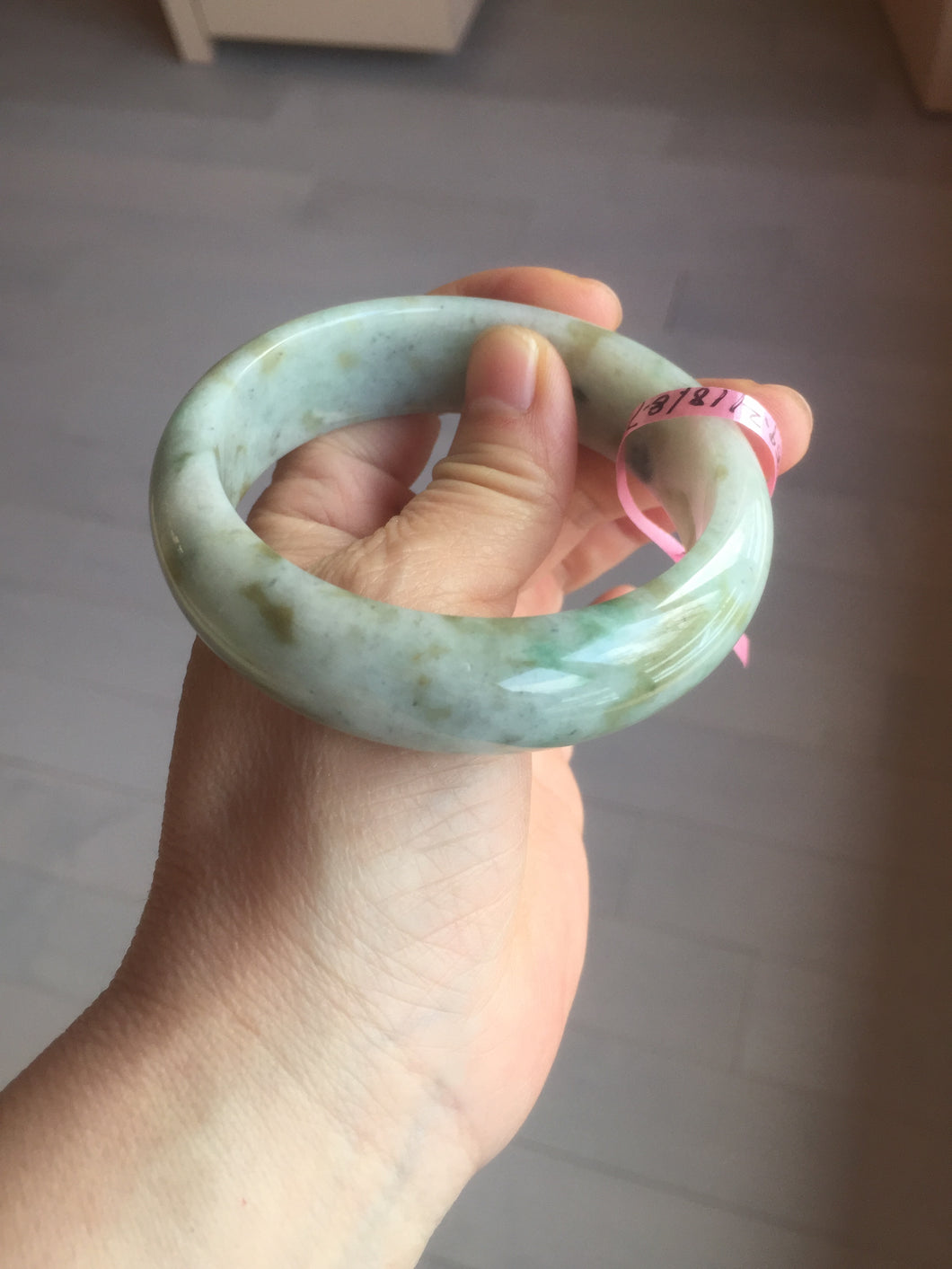 59.2mm Type A 100% Natural light green brown chubby jadeite jade bangle G55