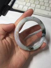 Load image into Gallery viewer, 56mm 100% Natural type A sunny green dark green purple white carved flowers and golden-painted round cut Jadeite Jade bangle PJ63
