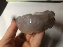 Load image into Gallery viewer, 54.6mm 100% natural light Pink/black/purple fish and lotus pods(年年有余) Quartzite (Shetaicui jade) 3D carved Bow knot bangle SY10
