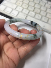 Load image into Gallery viewer, 56mm 100% Natural type A sunny green dark green purple white carved flowers and golden-painted round cut Jadeite Jade bangle PJ63
