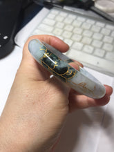 Load image into Gallery viewer, 58mm 100% Natural type A green purple white carved flowers and golden-painted round cut Jadeite Jade bangle PJ64
