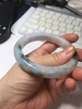 Load image into Gallery viewer, 58mm 100% Natural type A green purple white carved flowers and golden-painted round cut Jadeite Jade bangle PJ64
