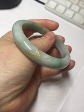 Load image into Gallery viewer, 54.2mm certified 100% natural Type A sunny green gray purple carved and golden-painted round cut jadeite jade bangle PJ65
