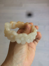 Load image into Gallery viewer, 56.7mm 100% natural light yellow/white Quartzite (Shetaicui jade) carved galsang flower(格桑花) bangle XY68
