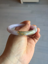 Load image into Gallery viewer, 54.5m Type A 100% Natural light purple brown white carved branches and flowers and golden-painted round cut jadeite jade bangle BH128
