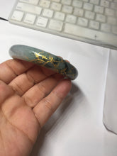 Load image into Gallery viewer, 54.2mm certified 100% natural Type A sunny green gray carved and golden-painted round cut jadeite jade bangle PJ66
