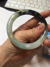Load image into Gallery viewer, 58mm 100% Natural type A icy watery green dark carved flowers golden-painted round cut Jadeite Jade bangle PH73-5858
