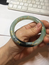 Load image into Gallery viewer, 58.4mm 100% Natural type A icy watery green dark carved flowers golden-painted round cut Jadeite Jade bangle PH74-5863
