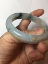 Load image into Gallery viewer, 54mm 100% Natural type A icy watery green white carved flowers and golden-painted Jadeite Jade bangle PB285

