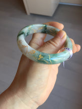 Load image into Gallery viewer, 55.5mm certified 100% natural Type A green white red with green floating flowers carved and golden-painted jadeite jade bangle PF82-6076
