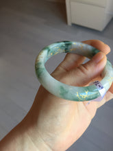 Load image into Gallery viewer, 55.5mm certified 100% natural Type A green white red with green floating flowers carved and golden-painted jadeite jade bangle PF82-6076

