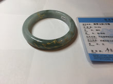 Load image into Gallery viewer, 57.3mm 100% Natural type A greenwatermelon rind  (瓜油青) carved flowers and golden-painted Jadeite Jade bangle PB287-2124
