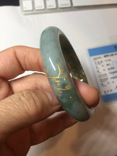 Load image into Gallery viewer, 57.3mm 100% Natural type A greenwatermelon rind  (瓜油青) carved flowers and golden-painted Jadeite Jade bangle PB287-2124

