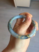 Load image into Gallery viewer, 55mm certified 100% natural Type A sunny green white carved and golden-painted jadeite jade bangle PF79-(3441)
