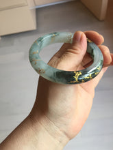 Load image into Gallery viewer, 54mm 100% Natural type A icy watery dark green with floating flowers and carved and golden-painted Jadeite Jade bangle PA172-8572
