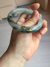 Load image into Gallery viewer, 54mm 100% Natural type A icy watery dark green with floating flowers and carved and golden-painted Jadeite Jade bangle PA172-8572
