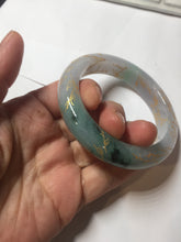 Load image into Gallery viewer, 53.2mm 100% Natural type A sunny green purple carved flowers golden-painted Jadeite Jade bangle PE42
