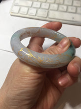Load image into Gallery viewer, 53.2mm 100% Natural type A sunny green purple carved flowers golden-painted Jadeite Jade bangle PE42
