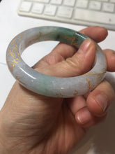 Load image into Gallery viewer, 53.2mm 100% Natural type A sunny green purple carved flowers golden-painted Jadeite Jade bangle PE42
