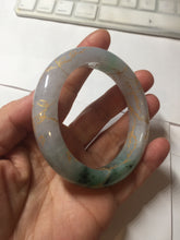 Load image into Gallery viewer, 53.2mm 100% Natural type A sunny green purple carved flowers golden-painted Jadeite Jade bangle PE42
