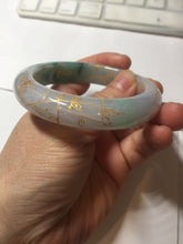 Load image into Gallery viewer, 53.2mm 100% Natural type A sunny green purple carved flowers golden-painted Jadeite Jade bangle PE42

