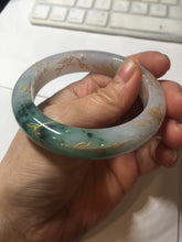Load image into Gallery viewer, 53.2mm 100% Natural type A sunny green purple carved flowers golden-painted Jadeite Jade bangle PE42
