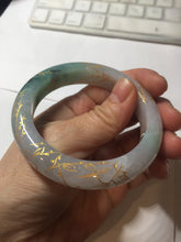Load image into Gallery viewer, 53.2mm 100% Natural type A sunny green purple carved flowers golden-painted Jadeite Jade bangle PE42
